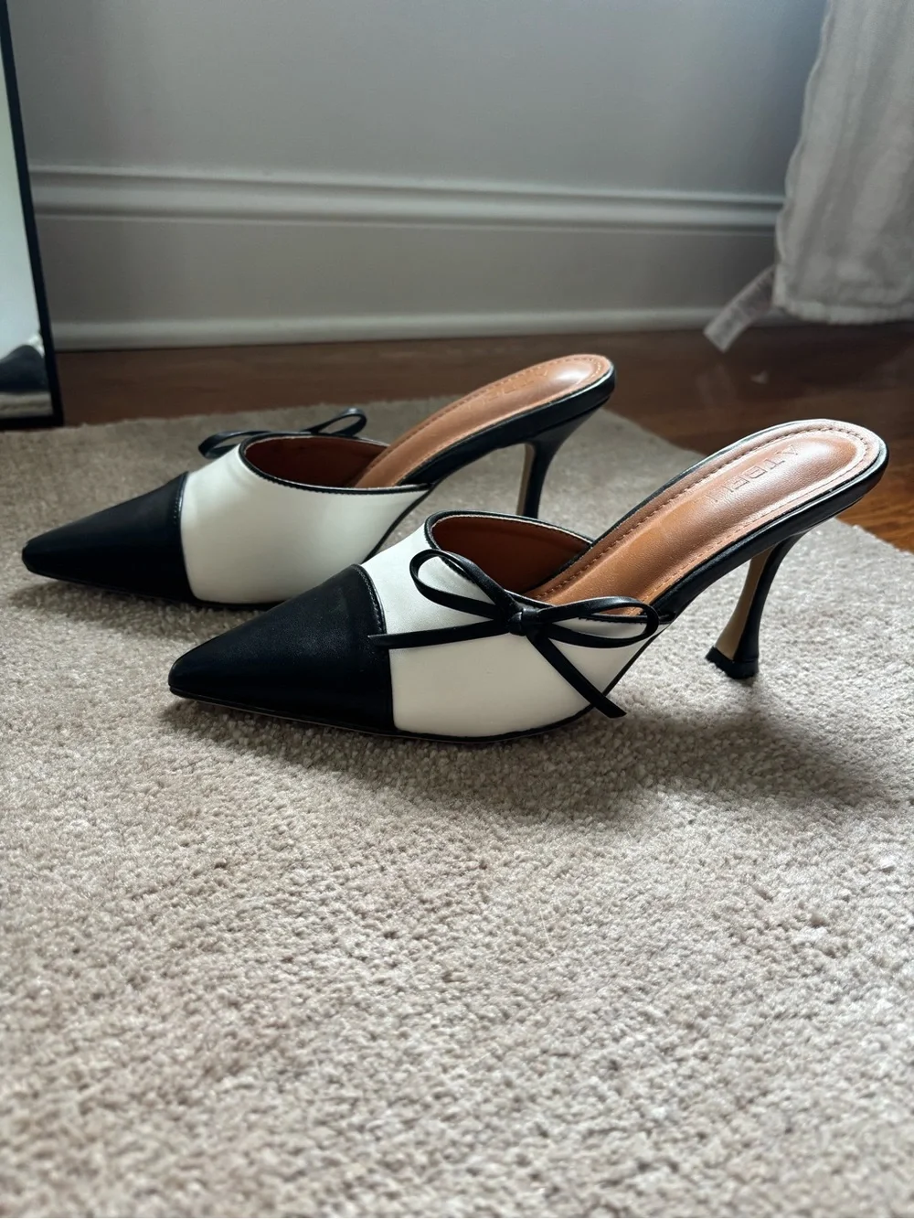 Atbell Pointed Toe Black & White Mule Heels with Bow - Picture 2 of 6